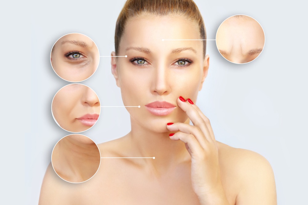 Close-up image of a woman showcasing various skin concerns, including fine lines, wrinkles, and texture issues, with highlighted areas for detailed examination. The image emphasizes skincare and beauty treatments.