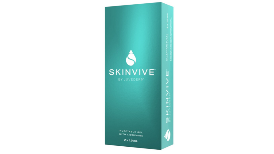 Skinvive by Juvederm packaging, featuring injectable gel with lidocaine, containing two 1.0 mL syringes for skin treatment.